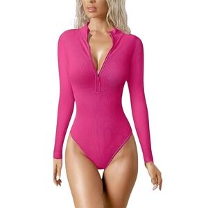 NEW Barbie Pink Ribbed Small Long Sleeve Zipper Bodysuit Women's